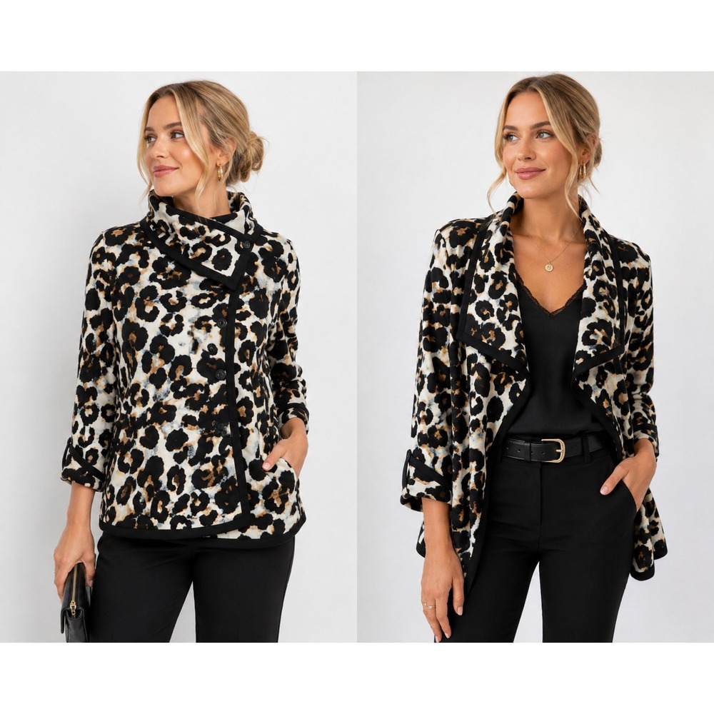 Frank Lyman Leopard Print Open Front Cardigan Jacket 8 Asymmetrical Draped Wrap